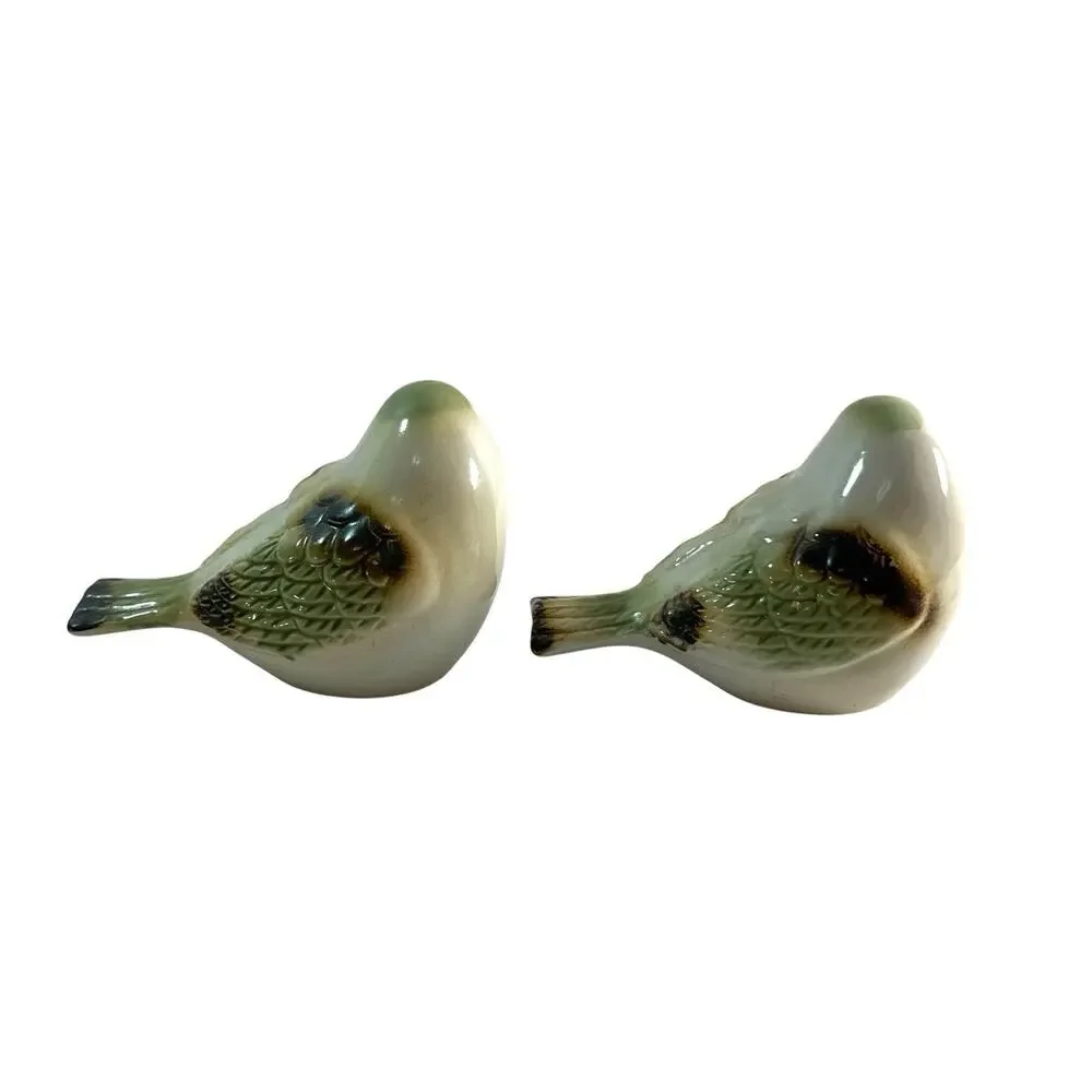 Vintage Ceramic Bird Figurines Green Brown Glaze Pair 4.5”